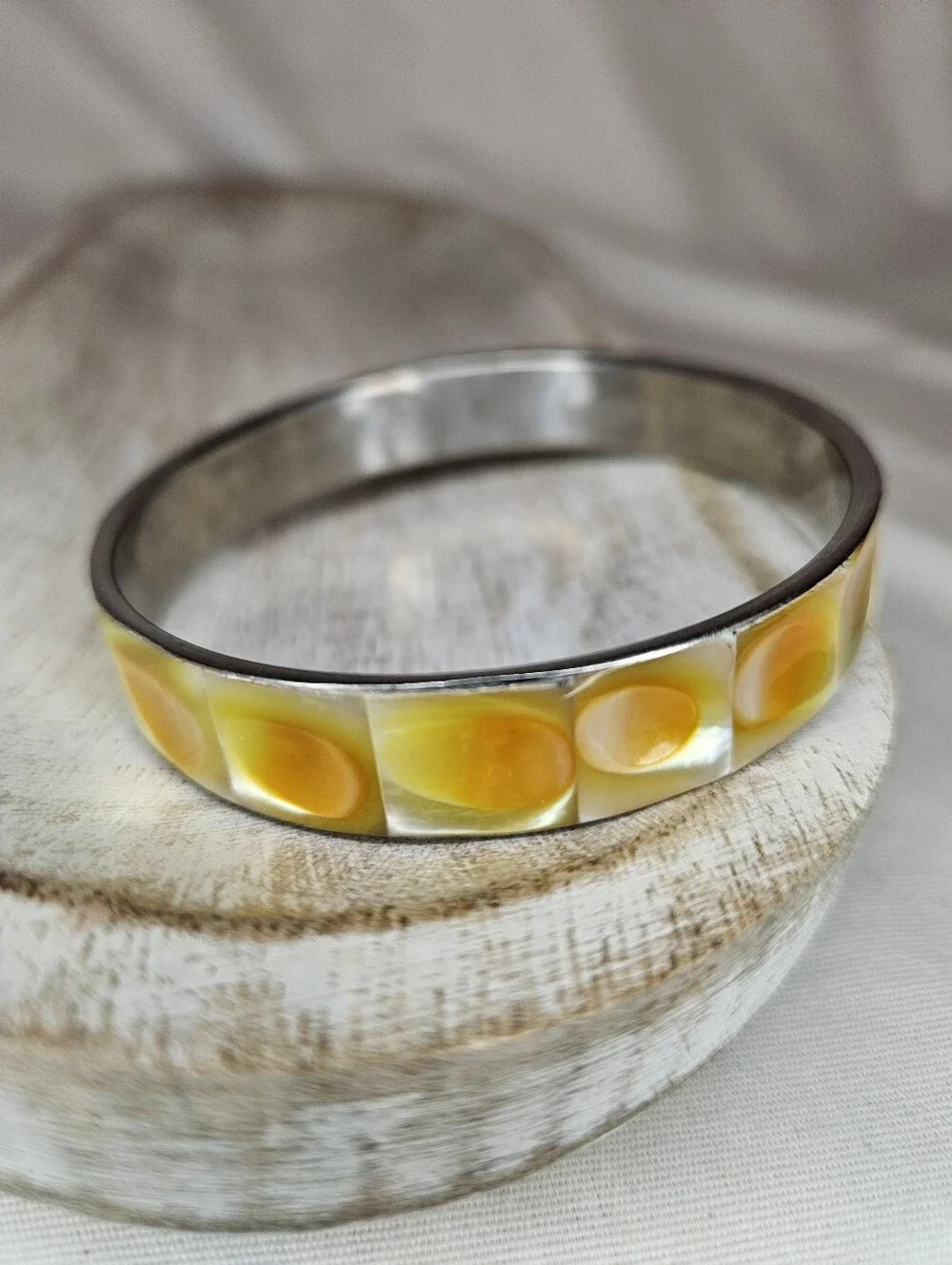 Vintage Yellow Shell Inlay Silver Bangle Bracelet Boho Mother of Pearl Look